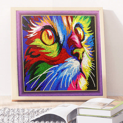 Colorful cat portrait created with Arts And More Diamond Painting Kit for vibrant home décor